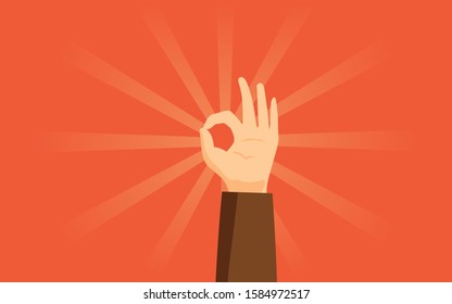 OK gesture flat vector illustration. Human hand showing modern approval sign isolated on orange background with sunburst. Trendy body language, nonverbal communication idea design element