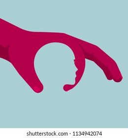 Ok gesture. Form the shape of the human head, isolated on a blue background.