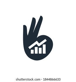 Ok gesture and growth graph. Vector icon isolated on white background.