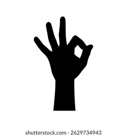 Ícone de gesto OK. Silhueta preta de uma mão mostrando o gesto "OK" isolado no fundo branco. Ilustração vetorial.
