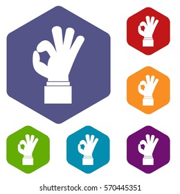 Ok gesture icons set rhombus in different colors isolated on white background
