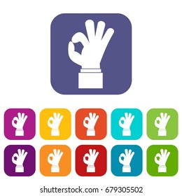 Ok gesture icons set vector illustration in flat style In colors red, blue, green and other