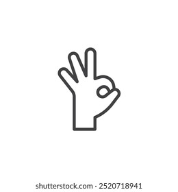 Ícone de linha de gesto OK. Sinal de estilo linear para conceito móvel e design da Web. Mão mostrando um ícone de vetor de contorno de sinal de "OK". Símbolo de acordo ou satisfação, ilustração do logotipo. Gráficos vetoriais