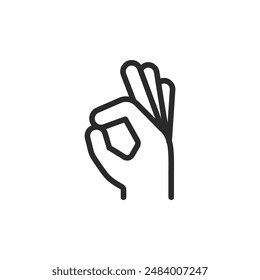 OK gesture, linear style icon. Thumb and index finger forming OK symbol. Editable stroke width