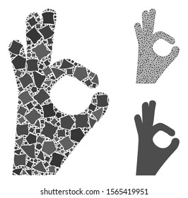 Ok gesture mosaic of bumpy pieces in various sizes and color tones, based on ok gesture icon. Vector rough pieces are organized into collage. Ok gesture icons collage with dotted pattern.