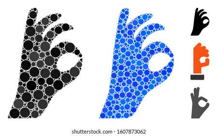 OK gesture mosaic of small circles in variable sizes and color tints, based on OK gesture icon. Vector filled circles are organized into blue mosaic. Dotted OK gesture icon in usual and blue versions.