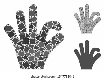 OK gesture mosaic of tremulant pieces in various sizes and shades, based on OK gesture icon. Vector tremulant items are organized into mosaic.  