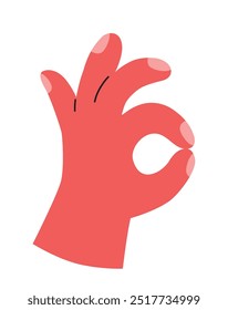 OK gesture. Red hand isolated on white background. Positive sign. Communication concept. Vector flat illustration.