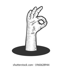 ok gesture from underground hole sketch engraving vector illustration. T-shirt apparel print design. Scratch board imitation. Black and white hand drawn image.