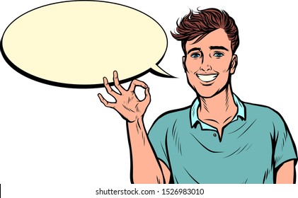 OK gesture young man. Pop art retro vector illustration drawing vintage kitsch