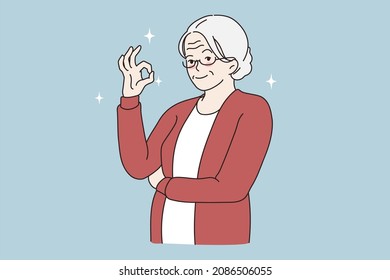 Ok good sign gesture concept. Smiling elderly mature grey haired woman standing showing ok sign with fingers on hand looking at camera vector illustration 