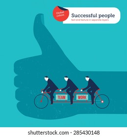 Ok hand businessmen on a tandem bike. Vector illustration Eps10 file. Global colors. Text and Texture in separate layers.