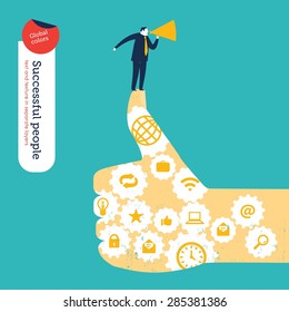 Ok hand with gears and icons businessman with megaphone. Vector illustration Eps10 file. Global colors. Text and Texture in separate layers.
