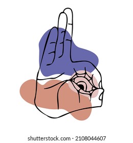 OK hand gecture with magic eye on abstract spot background. Hand showing okay sign. Vector illustration.