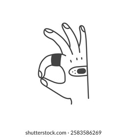 OK hand gesture with Adhesive Bandage. Doodle palm with fingers sign. Health care recovery protection symbol. Outline vector illustration