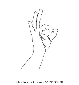 OK hand gesture in continuous line art drawing style. Okay sign black line sketch on white background. Vector illustration