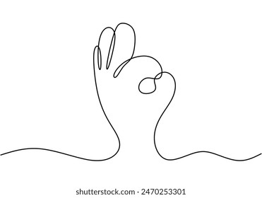 Ok gesto de la mano dibujo de línea continua. Saludo con concepto de mano. Ilustración vectorial diseño minimalista dibujado a mano aislado sobre fondo blanco.