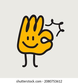 Ok hand gesture hand drawn funny doodle character in yellow color isolated on white background. Vector illustration