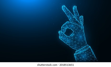 Ok hand gesture low poly art, polygonal vector illustration ok sign or ring gesture on a dark blue background. Approval, agreement, well or okay.