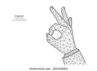 Ok hand gesture low poly art, polygonal vector illustration okay or ring gesture on a dark blue background.