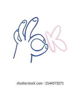 Ok hand gesture sign. Cartoon hand drawn okay hand. Vector illustration on the white background.