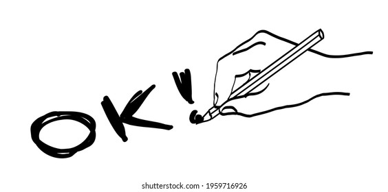 ok ! Hand holding pencil. Vector line pattern logo. Writing with a pencils. Draw brushes. Drawing cartoon human hands palm with pen and  copy space symbol or icon. Crayons, crayon banner.