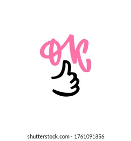 Ok - hand lettering icon with finger. Gesture okay line for social media, web, blogging, marketing and commerce, best choice sign vector graphic on white background