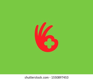 Ok hand logo design modern minimal style illustration. Medical cross pharmacy vector icon symbol logo