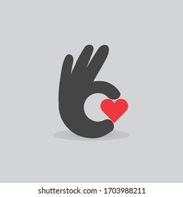 Ok hand logo design modern minimal style illustration. Heart love icon symbol logo