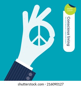 Ok hand with peace symbol. Vector illustration Eps10 file. Global colors. Text and Texture in separate layers.