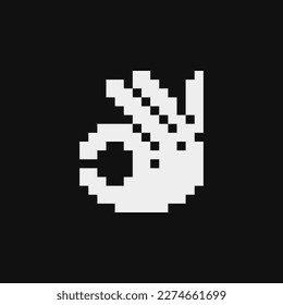 Ok hand. Pixel art icon. Flat style. 1-bit. Sticker design. Isolated abstract vector illustration.