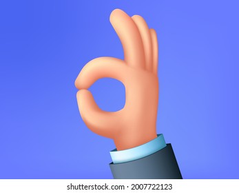 OK hand sign. Cartoon 3d hand shows OK symbol. Vector illustration.