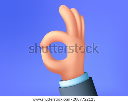 OK hand sign. Cartoon 3d hand shows OK symbol. Vector illustration.
