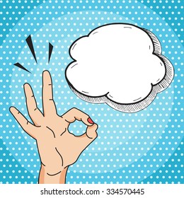 Ok hand sign cartoon comics style, vector okay gesture with think bubble for your text, pop art illustration.