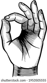 OK hand sign. Hand drawn vector illustration. Black and white.