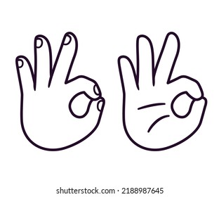 Icono de la línea de señas a mano. Gesto del pulgar que toca el dedo índice. Izquierda y derecha, palmera y espalda de mano. Dibujo de dibujos animados, ilustración vectorial. 