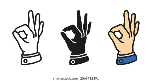 Ok hand sign. Okay gesture vector illustration. Yes pr Good hand symbol. Positive approval pictogram. Alright or perfect finger gesture. Human arm showing positive signal isolated concept.