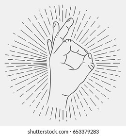 OK Hand Sign. Okay Gesture. Hand-drawing Illustration With Hipster Sunburst. Vector.