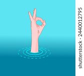 OK, hand sign, optimism. Emerging water from in drowning, suffocation. Showing okey. everything is fine. Illustration vector