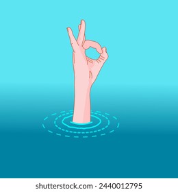 OK, hand sign, optimism. Emerging water from in drowning, suffocation. Showing okey. everything is fine. Illustration vector