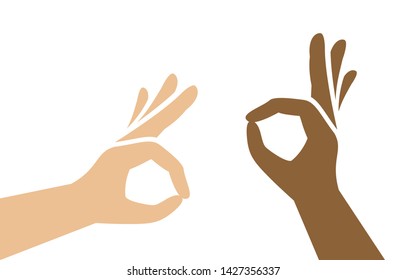 ok hand sign simple isolated on white background, symbol icon ok hand with dark and fair white skin, flat lay ok hand gesture for infographic design, ok hans clip art fair white and lightly tanned