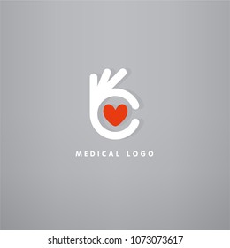 	
Ok hand symbol with heart shape Cardiology health medical clinic logo.