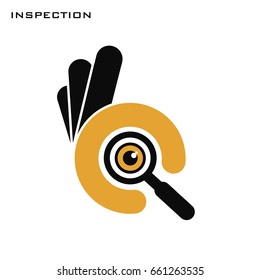 Ok hand symbol with magnifier glass. Okey symbol for inspection searching and looking. Vector