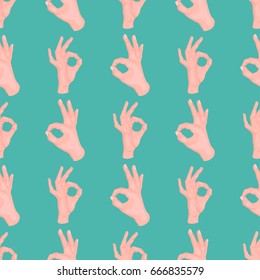 Ok hands success gesture okey yes agreement signal seamless pattern human agree best approval vector.