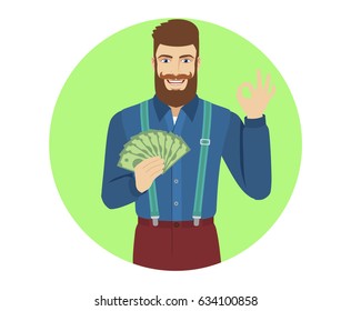 OK! Hipster with cash money showing a okay hand sign. Portrait of hipster character in a flat style. Vector illustration.