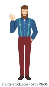 OK! Hipster show a okay hand sign. Full length portrait of hipster in a flat style. Vector illustration.