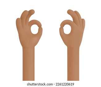 OK, human hand gesture isolated on white. Different sides of the hand. African American hand. Approval, Acceptance, Consent, Good Condition, All Right, Good Concept. 3d Cartoon Vector illustration