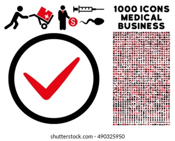 Ok icon with 1000 medical business intensive red and black vector pictograms. Design style is flat bicolor symbols, white background.