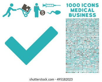 Ok icon with 1000 medical commerce grey and cyan vector pictograms. Set style is flat bicolor symbols, white background.