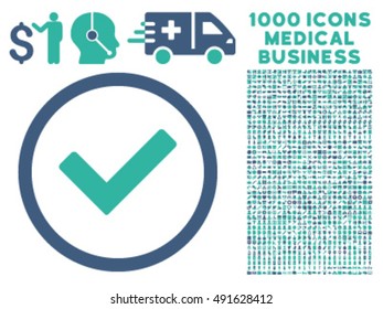 Ok icon with 1000 medical commercial cobalt and cyan vector pictograms. Collection style is flat bicolor symbols, white background.